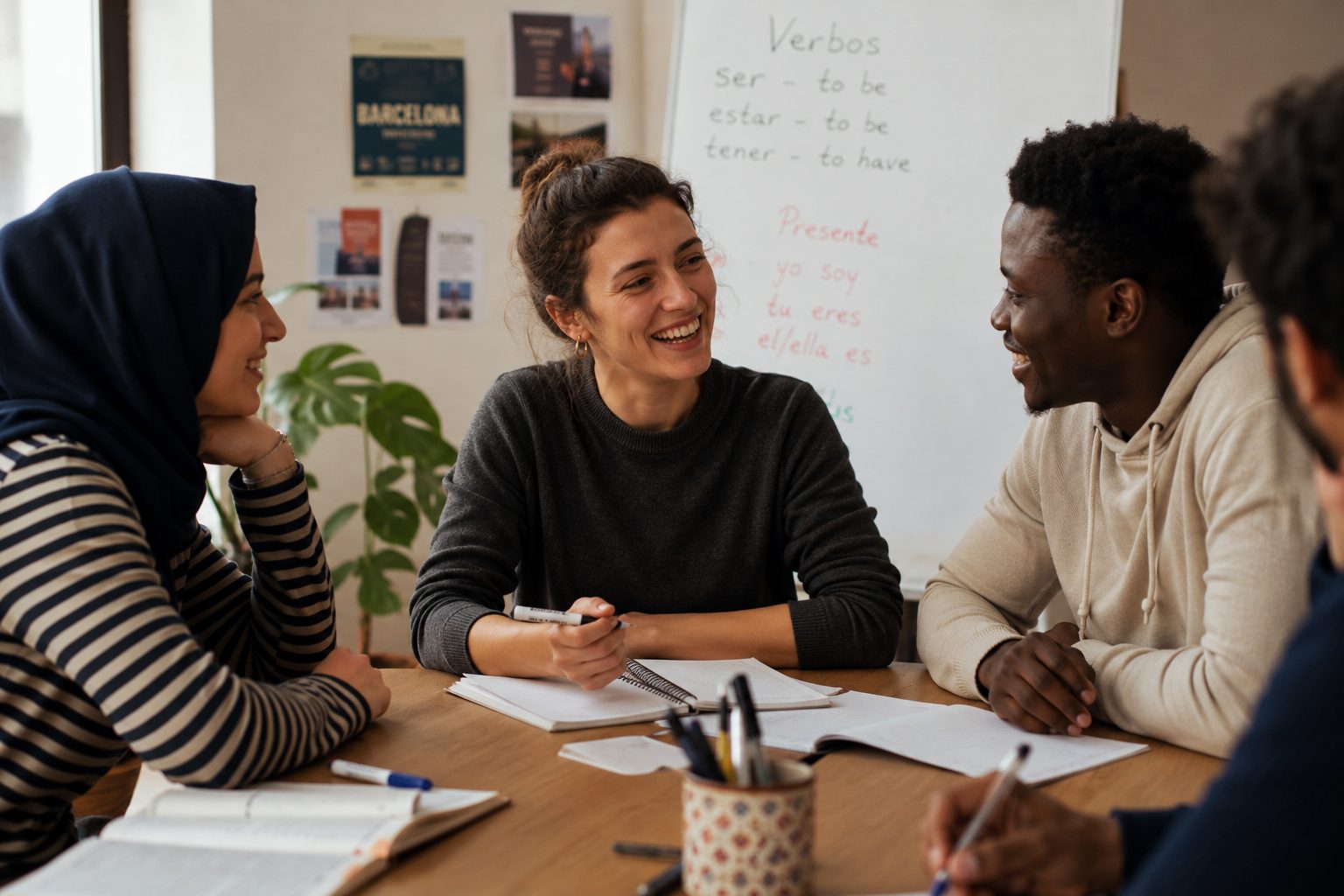 People taking part in a language exchange with recently arrived migrants in Barcelona